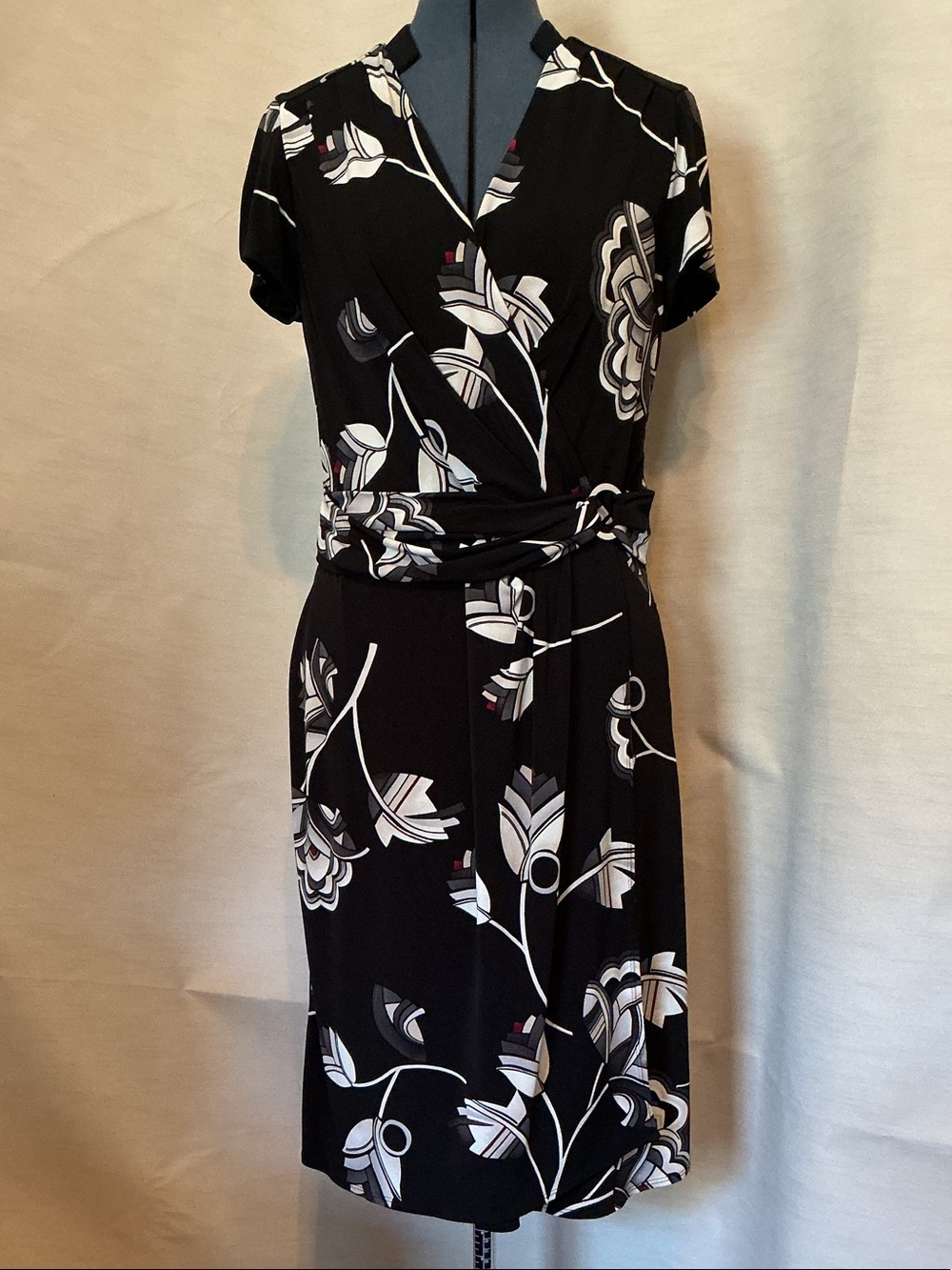 White House Black Market Black Midi Wrap Dress with White Floral Print